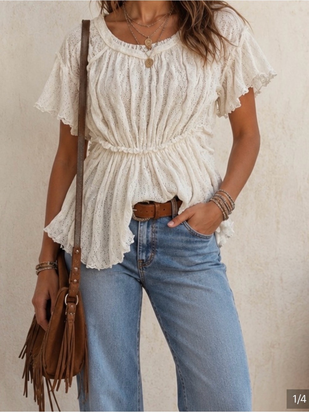 Free People Boho Gathered Semi Sheer Knit Tunic in White